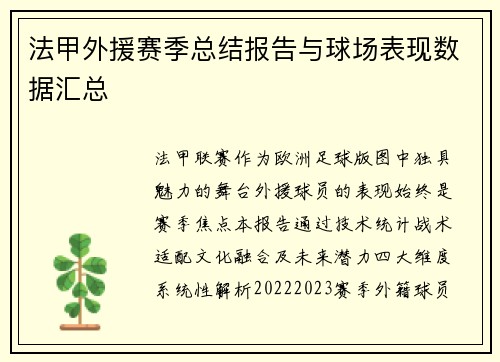 法甲外援赛季总结报告与球场表现数据汇总
